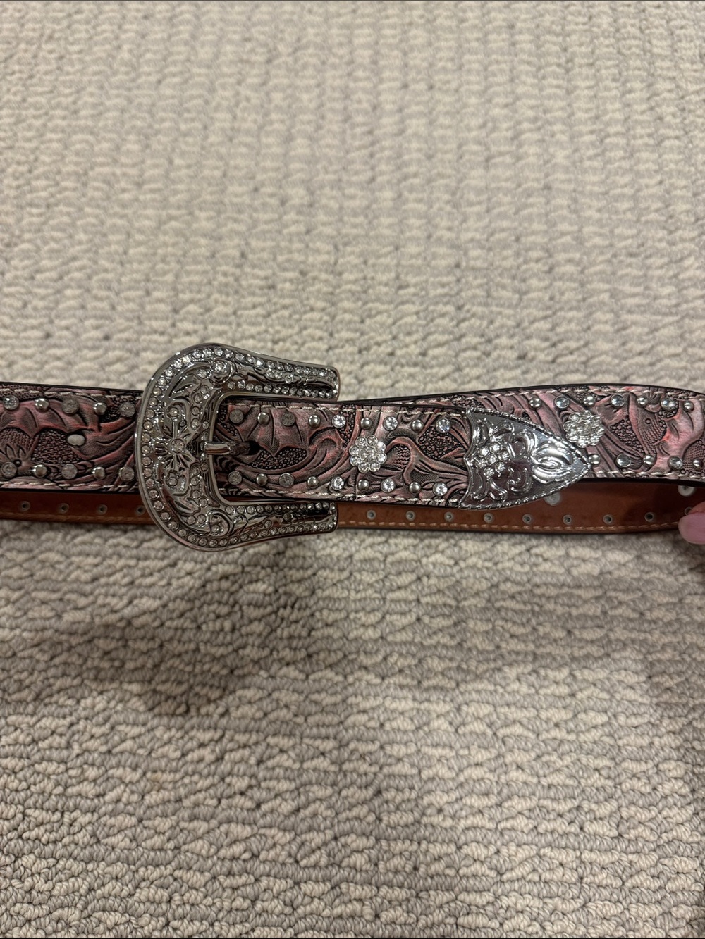 Tooled Pink Leather Western Belt with Silver-Tone Buckle